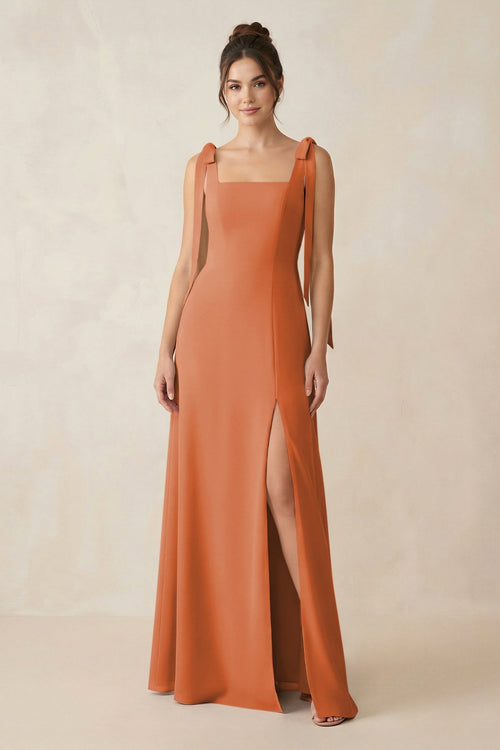 Square Neck Sheath Chiffon Bridesmaid Dress with Bow in Terracotta - SHE IS ME Bridesmaid Dresses