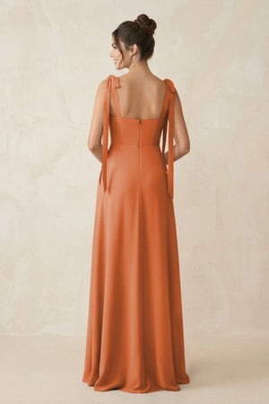 Square Neck Sheath Chiffon Bridesmaid Dress with Bow in Terracotta - SHE IS ME Bridesmaid Dresses