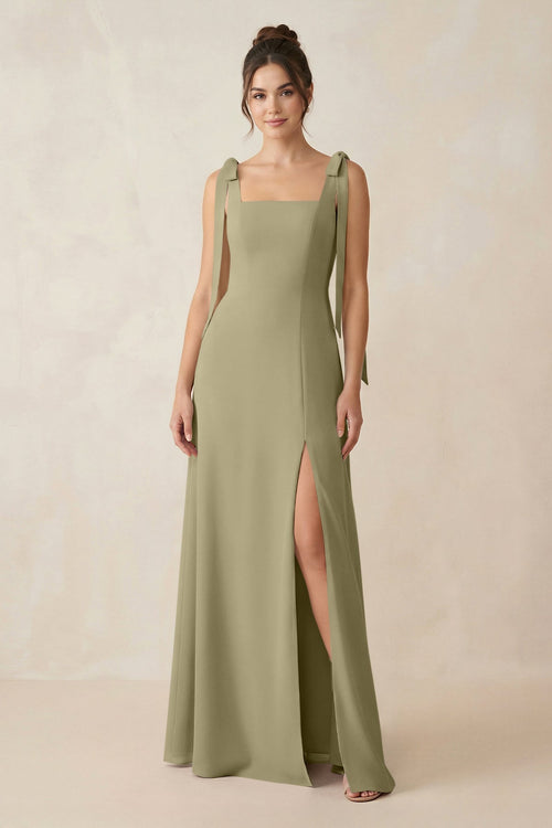 Square Neck Sheath Chiffon Bridesmaid Dress with Bow in Thyme - SHE IS ME Bridesmaid Dresses