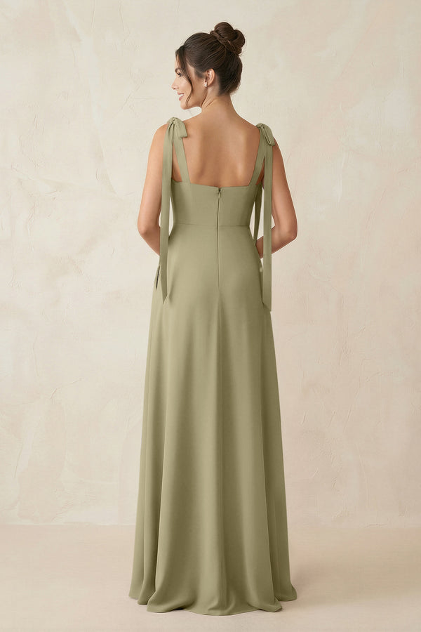 Square Neck Sheath Chiffon Bridesmaid Dress with Bow in Thyme - SHE IS ME Bridesmaid Dresses