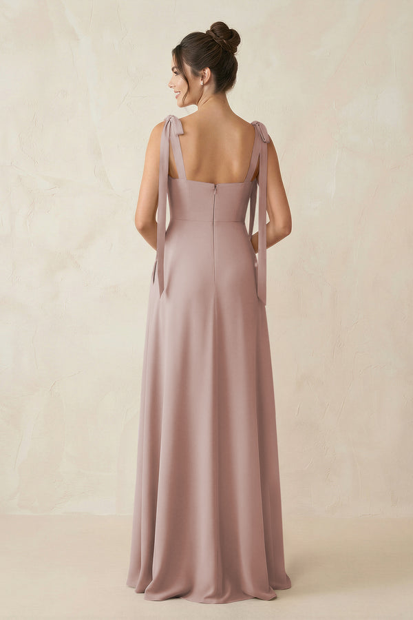 Square Neck Sheath Chiffon Bridesmaid Dress with Bow in Toffee (2) | KISSBRIDAL