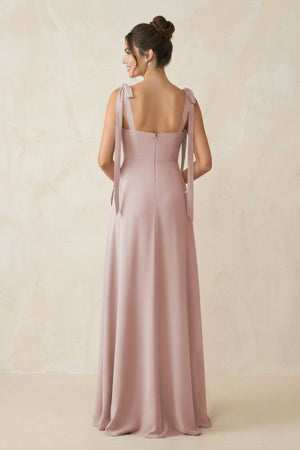 Square Neck Sheath Chiffon Bridesmaid Dress with Bow in Toffee - SHE IS ME Bridesmaid Dresses