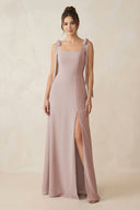 Square Neck Sheath Chiffon Bridesmaid Dress with Bow in Toffee | KISSBRIDAL