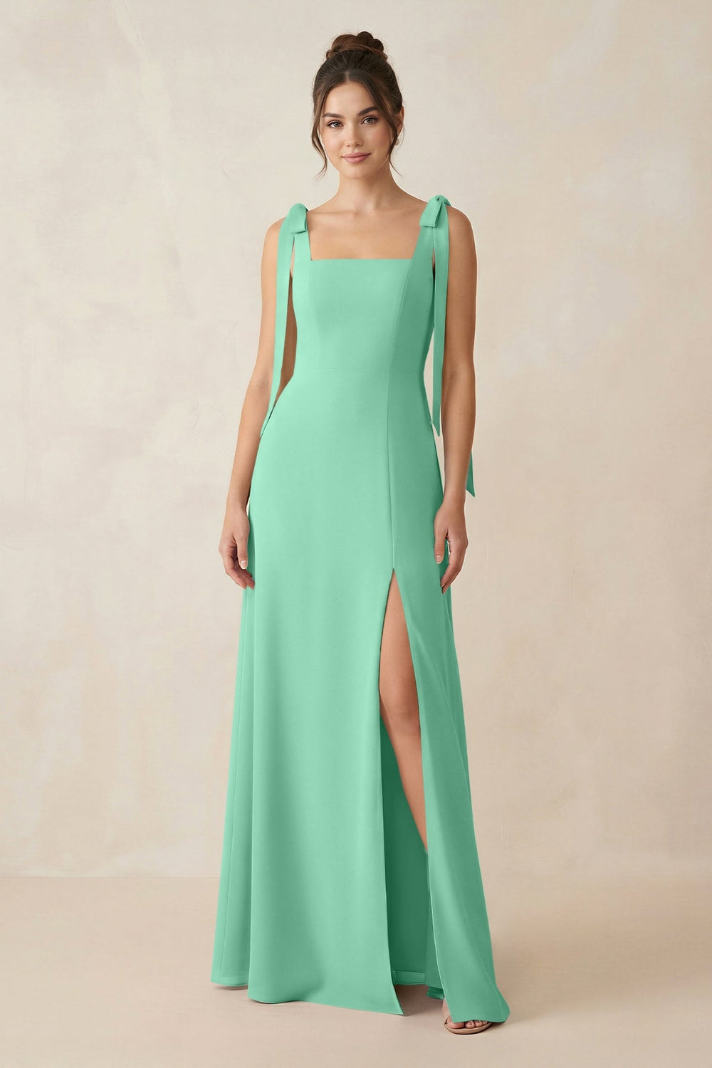 Square Neck Sheath Chiffon Bridesmaid Dress with Bow in Turquoise - KISS BRIDAL Bridesmaid Dresses