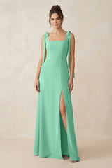 Square Neck Sheath Chiffon Bridesmaid Dress with Bow in Turquoise - KISS BRIDAL Bridesmaid Dresses