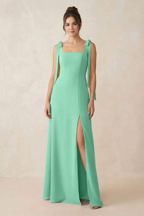 Square Neck Sheath Chiffon Bridesmaid Dress with Bow in Turquoise - SHE IS ME Bridesmaid Dresses