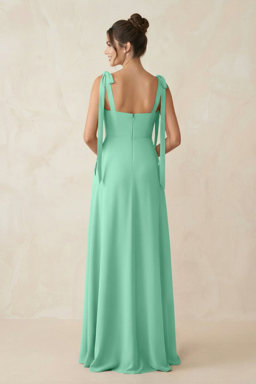 Square Neck Sheath Chiffon Bridesmaid Dress with Bow in Turquoise - KISS BRIDAL Bridesmaid Dresses