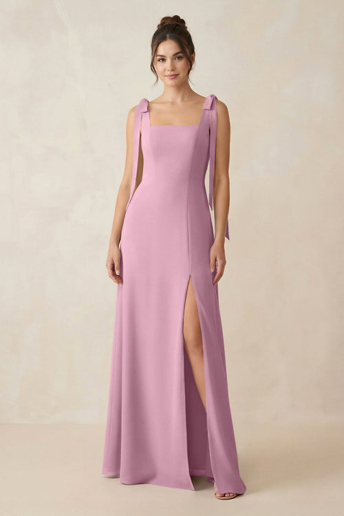 Square Neck Sheath Chiffon Bridesmaid Dress with Bow in Vintage Mauve - SHE IS ME Bridesmaid Dresses