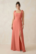 Square Neck Sheath Chiffon Bridesmaid Dress with Bow in Wild Rose - SHE IS ME Bridesmaid Dresses