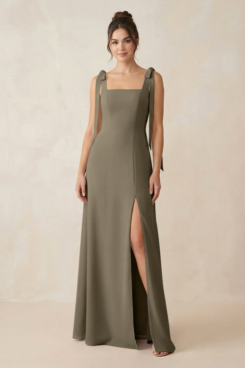 Square Neck Sheath Chiffon Bridesmaid Dress with Bow in Willow Green - SHE IS ME Bridesmaid Dresses