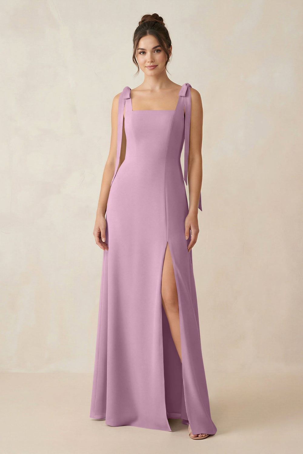 Square Neck Sheath Chiffon Bridesmaid Dress with Bow in Wisteria - KISS BRIDAL Bridesmaid Dresses