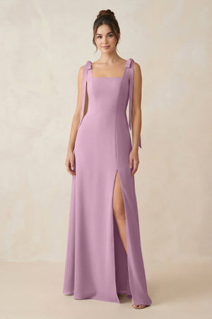 Square Neck Sheath Chiffon Bridesmaid Dress with Bow in Wisteria - SHE IS ME Bridesmaid Dresses