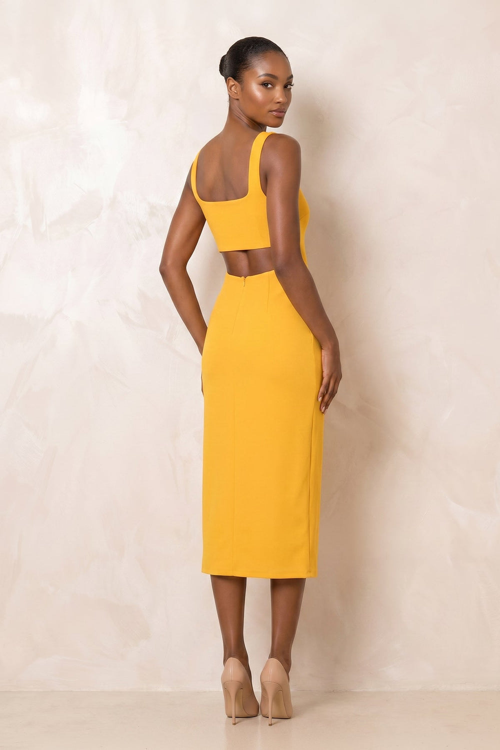 Square Neck Sheath Midi Dress With Slit in Yellow– KISS BRIDAL Dresses