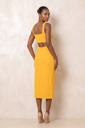 Square Neck Sheath Midi Dress With Slit in Yellow– SHE IS ME Dresses