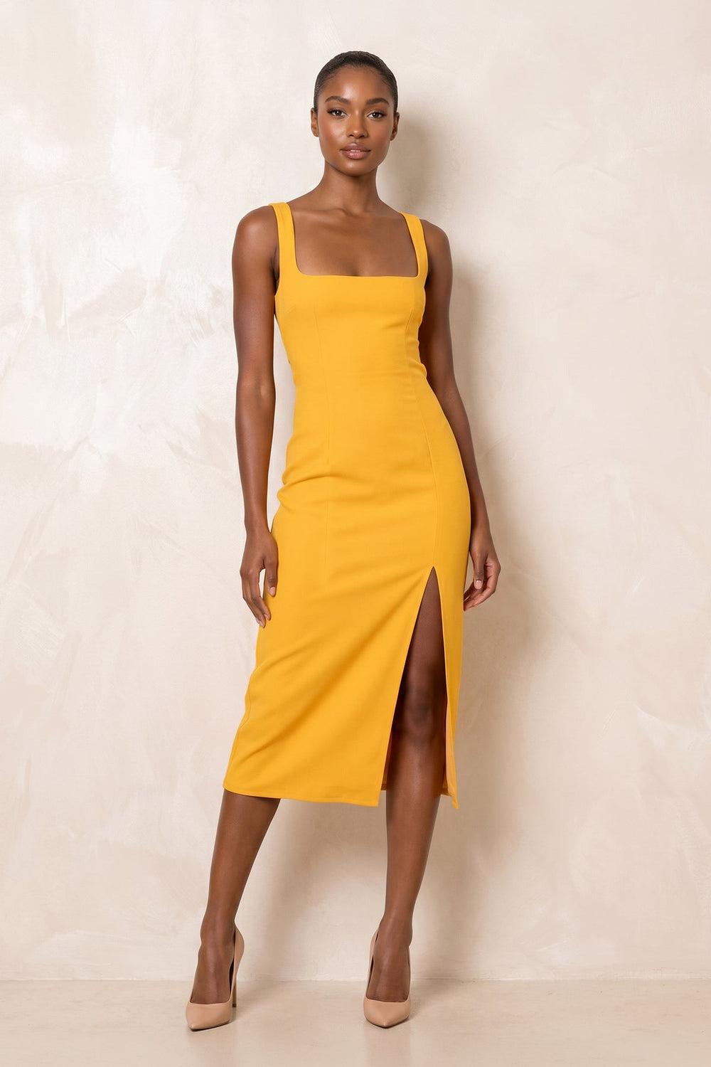 Square Neck Sheath Midi Dress With Slit in Yellow– KISS BRIDAL Dresses