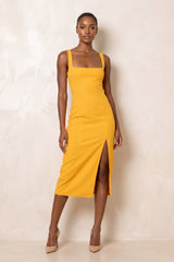 Square Neck Sheath Midi Dress With Slit in Yellow– KISS BRIDAL