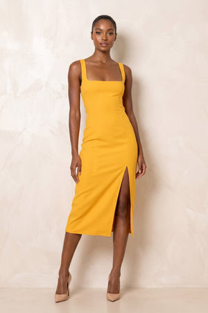 Square Neck Sheath Midi Dress With Slit in Yellow– SHE IS ME Dresses