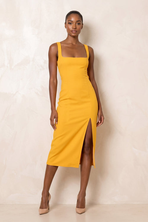Square Neck Sheath Midi Dress With Slit in Yellow– SHE IS ME Dresses
