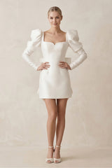 Square Neck Sheath Satin Wedding Dress With Long Sleeves in White - KISS BRIDAL Wedding Dresses