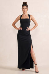 Square Neck Sheath Stretch Satin Maxi Dress in Black With Slit - KISS BRIDAL