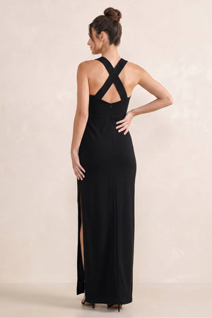 Square Neck Sheath Stretch Satin Maxi Dress in Black With Slit - SHE IS ME Dresses