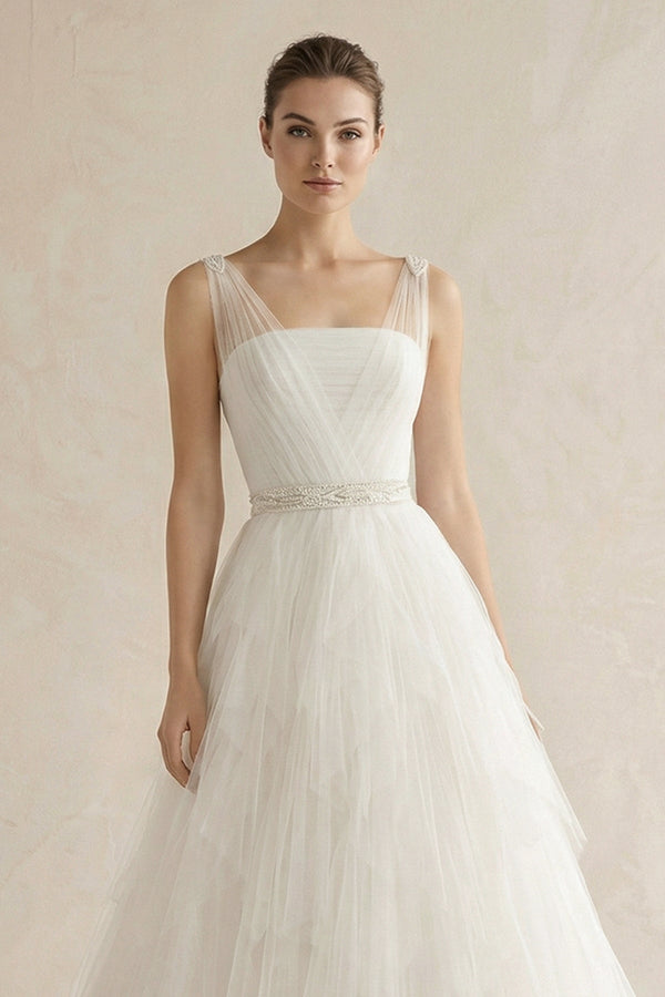 Square Neck Tulle A - Line Wedding Dress with Beaded - SHE IS ME Wedding Dresses