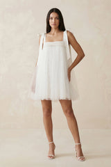 Square Neck Tulle A - Line Wedding Dress With Bow in White - KISS BRIDAL Wedding Dresses