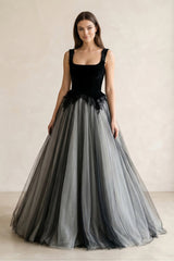 Square Neck Tulle Lace A - Line Wedding Dress in Black - KISS BRIDAL Wedding Dresses