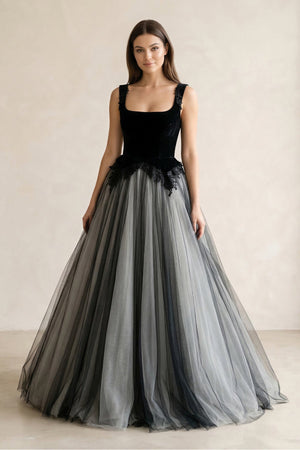 Square Neck Tulle Lace A - Line Wedding Dress in Black - SHE IS ME Wedding Dresses