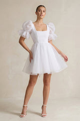 Square Neck Tulle Puff Sleeve A - Line Wedding Dress in White - KISS BRIDAL Wedding Dresses