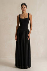Square Neck Tulle Sheath Pleated Wedding Dress in Black - KISS BRIDAL Wedding Dresses