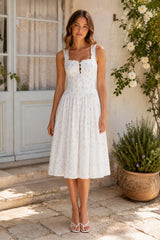 Square Neck Vintage Rose Printed Cotton Midi Dress in White - KISS BRIDAL Dresses