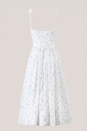 Square Neck Vintage Rose Printed Cotton Midi Dress in White - SHE IS ME Dresses