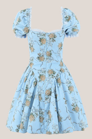 Square Neck Vintage Rose Printed Cotton Mini Dress in Blue– SHE IS ME Dresses