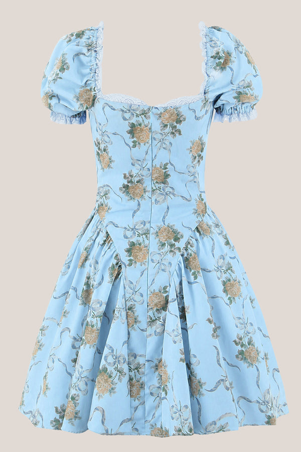 Square Neck Vintage Rose Printed Cotton Mini Dress in Blue– SHE IS ME Dresses