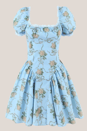 Square Neck Vintage Rose Printed Cotton Mini Dress in Blue– SHE IS ME Dresses