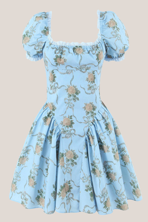 Square Neck Vintage Rose Printed Cotton Mini Dress in Blue– SHE IS ME Dresses
