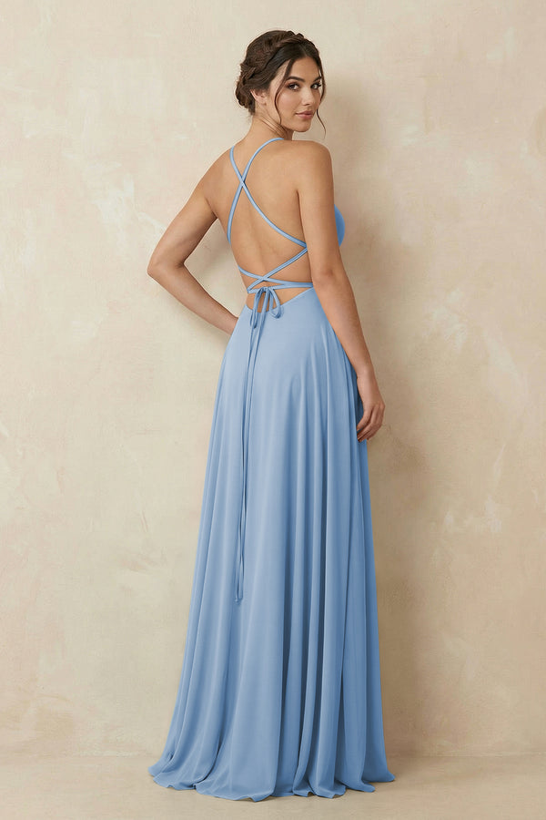 Steel Blue A-Line Chiffon Bridesmaid Dress With Slit (2) | KISSBRIDAL