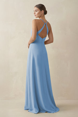 Steel Blue A-Line Chiffon Long Bridesmaid Dress With Slit (2) | KISSBRIDAL