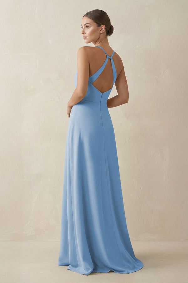 Steel Blue A-Line Chiffon Long Bridesmaid Dress With Slit (2) | KISSBRIDAL