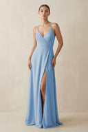 Steel Blue A-Line Chiffon Long Bridesmaid Dress With Slit | KISSBRIDAL