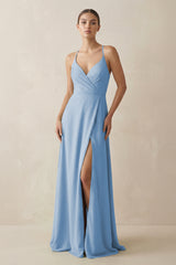 Steel Blue A-Line Chiffon Long Bridesmaid Dress With Slit | KISSBRIDAL