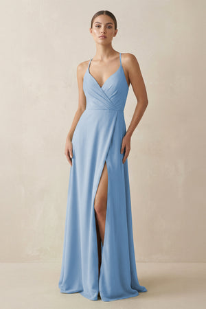 Steel Blue A-Line Chiffon Long Bridesmaid Dress With Slit | KISSBRIDAL