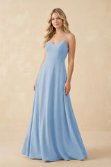 Steel Blue A-Line Chiffon Spaghetti Strap Bridesmaid Dress | KISSBRIDAL