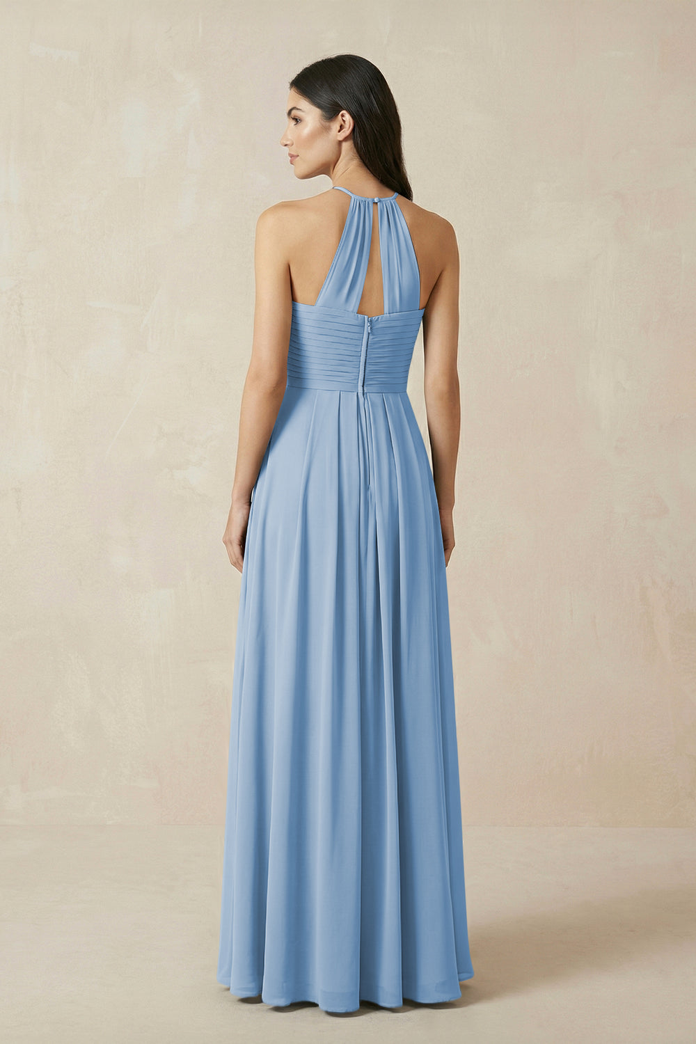 A-Line Halter Neck Pleated Chiffon Bridesmaid Dress in Steel Blue