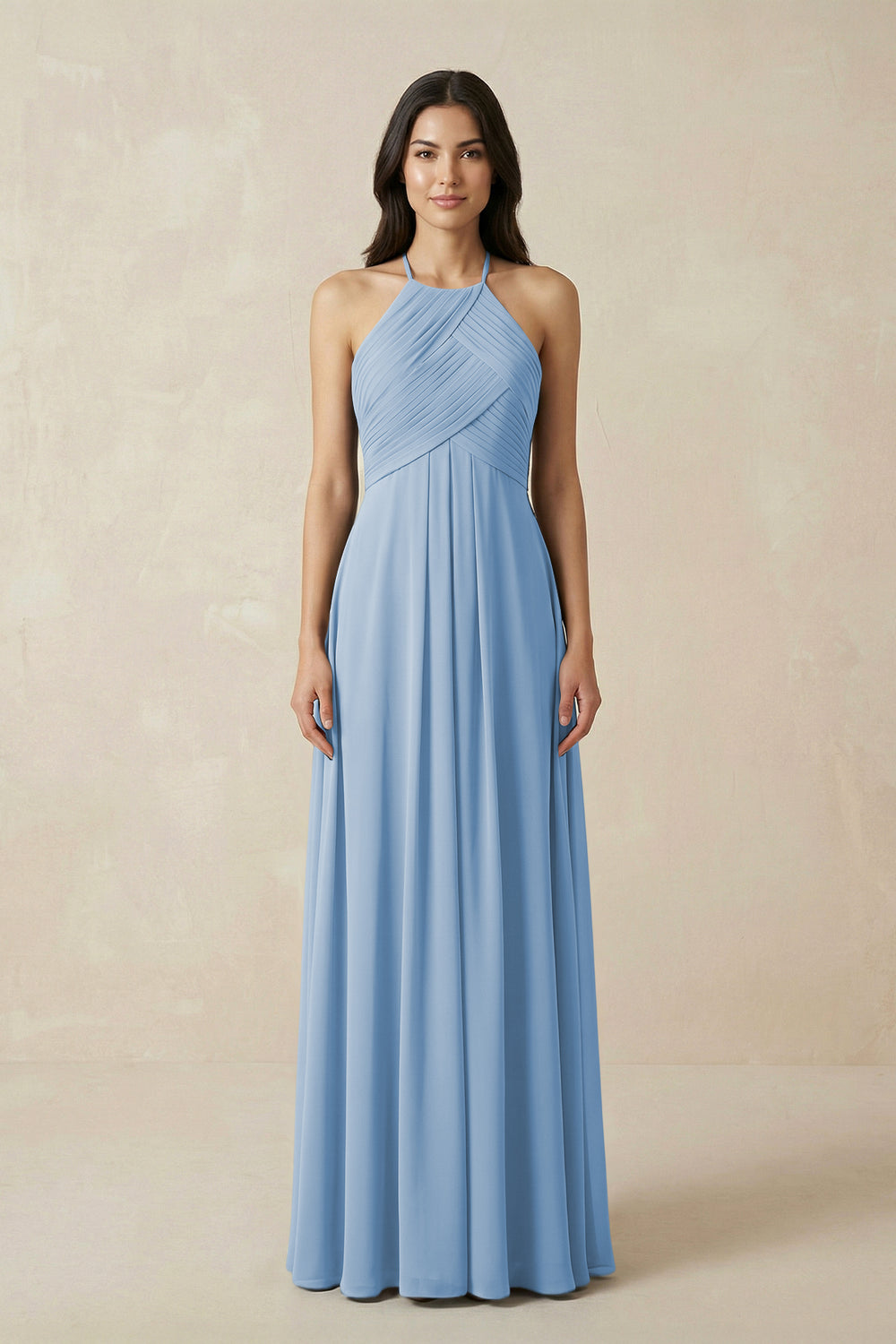 A-Line Halter Neck Pleated Chiffon Bridesmaid Dress in Steel Blue