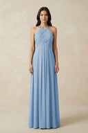 Steel Blue A-Line Halter Neck Pleated Chiffon Bridesmaid Dress | KISSBRIDAL
