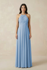 Steel Blue A-Line Halter Neck Pleated Chiffon Bridesmaid Dress | KISSBRIDAL