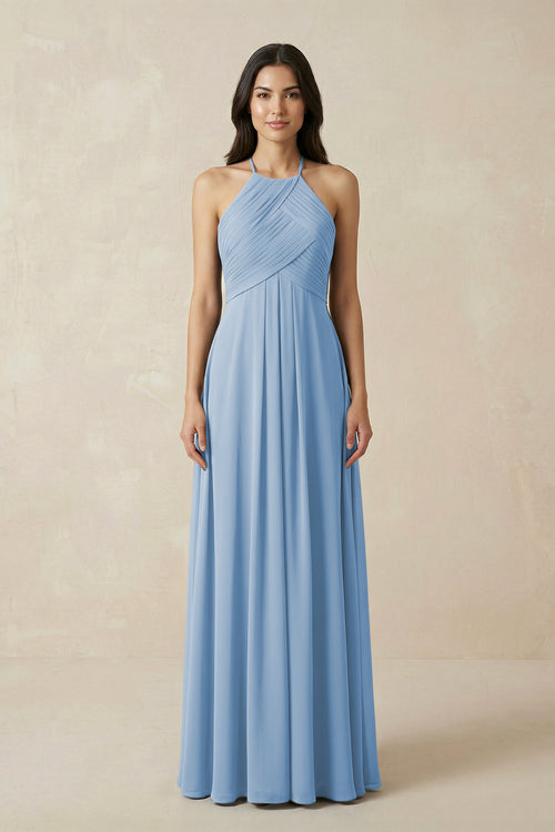 Steel Blue A-Line Halter Neck Pleated Chiffon Bridesmaid Dress | KISSBRIDAL