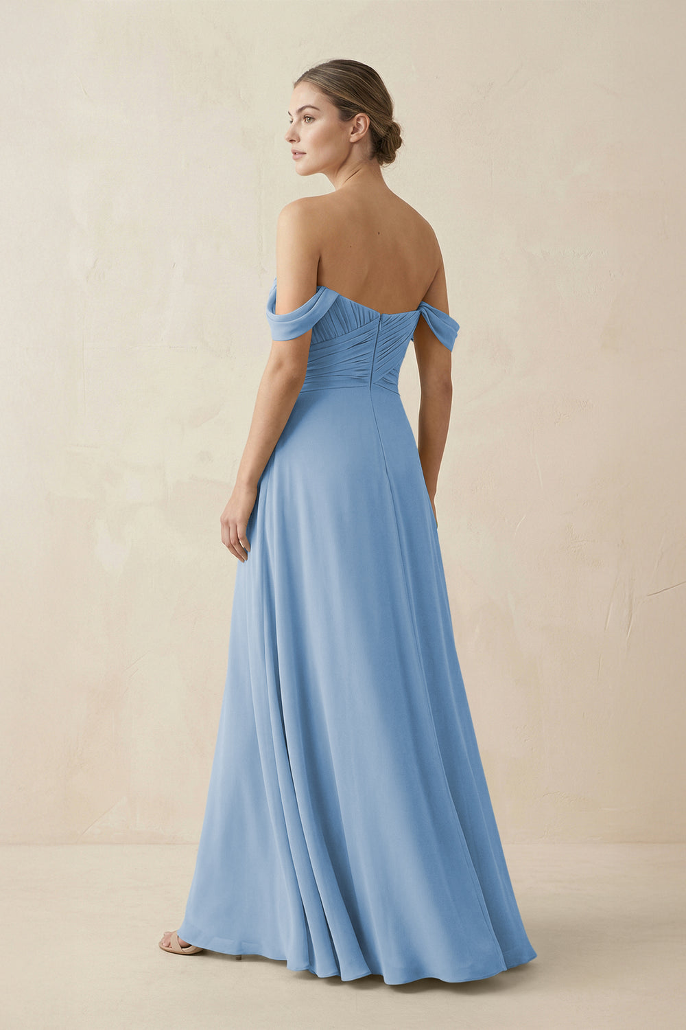 A-Line Off-the-Shoulder Chiffon Bridesmaid Dress in Steel Blue